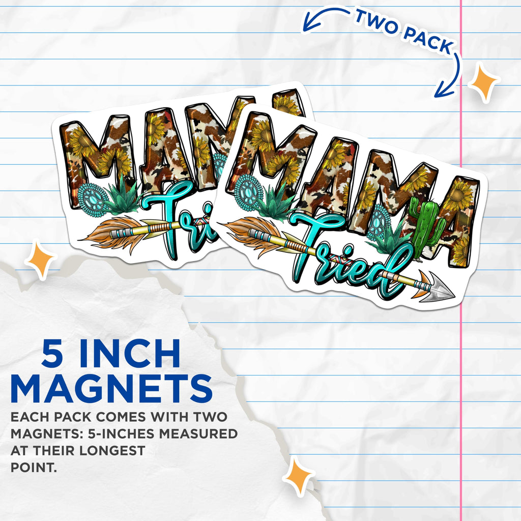(2 Pack) Mama Tried Cowhide Sunflowers Magnets - Western Boho Mama Decor - Southwestern Country Accent - 5 Inches On Longest Side - Thick Durable Magnet - Made in USA - MAG30627