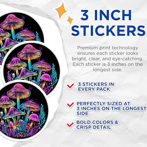 (3 Pack) Mushroom Decals - Psychedelic Art - Laptop Decal- 3 Inches On Longest Side - Easy Peel & Apply - Made in USA - 3MCS5612