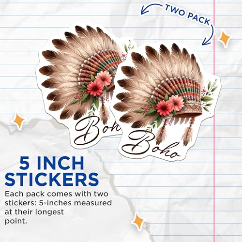 (2 Pack) Boho Stickers - Feather Headdress Design - Floral Feather Art - Bohemian Pack - Vibrant Boho Decor - 5" On Longest Side - Sticks to Smooth Flat Surfaces - Made in USA - BMCS7542