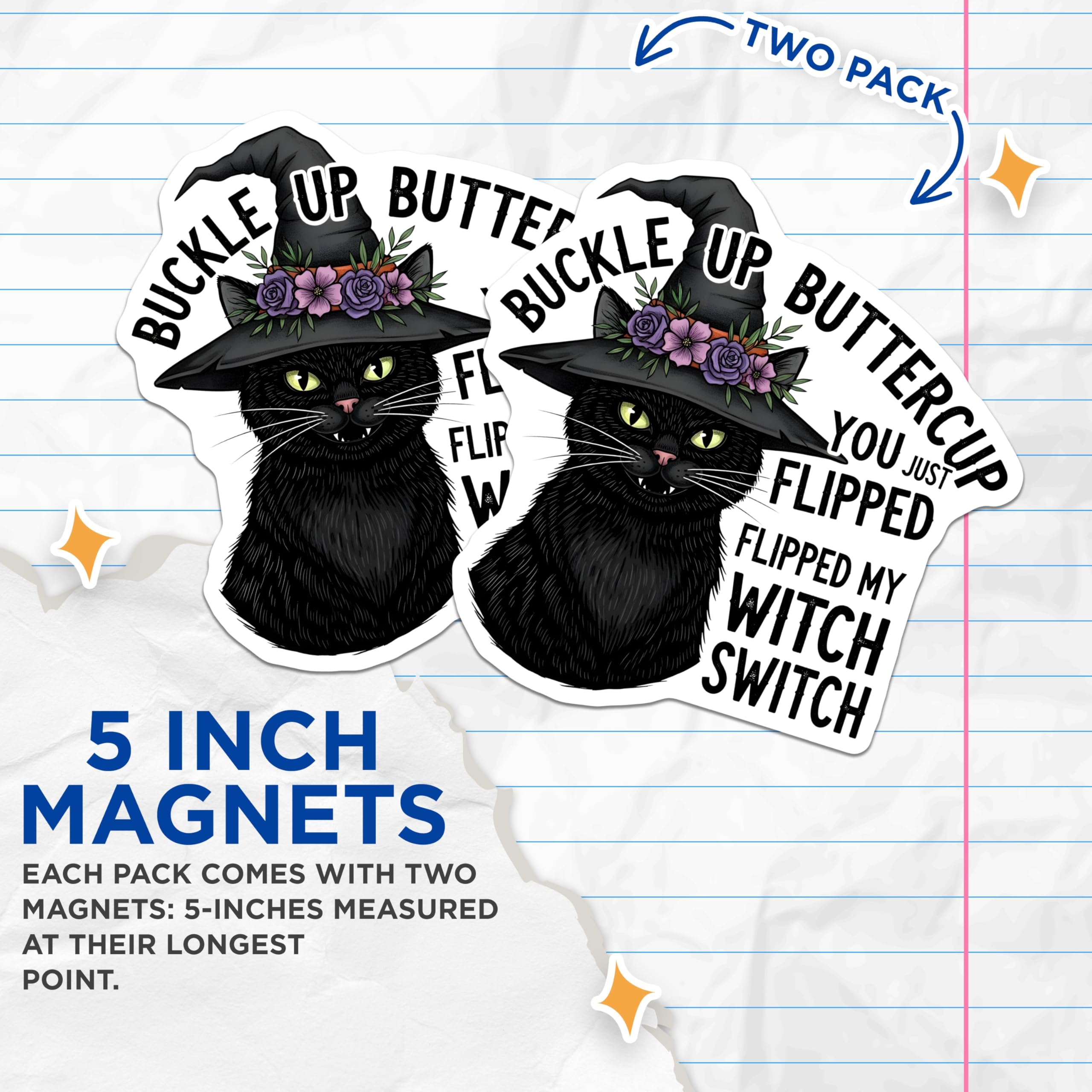 (2 Pack) Witch Cat Magnets - Halloween Humor - Flipped My Witch Switch Magnet - 5" On Longest Side - Premium Magnet - for Cars, Refrigerators, Toolboxes, Lockers - Made in USA - MAG17945