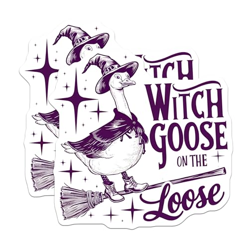 (2 Pack) Witch Goose on The Loose Stickers - Halloween Goose - Funny Spooky Witch Sticker - 5" On Longest Side - Sticks to Smooth Flat Surfaces - Made in USA - BMCS5869