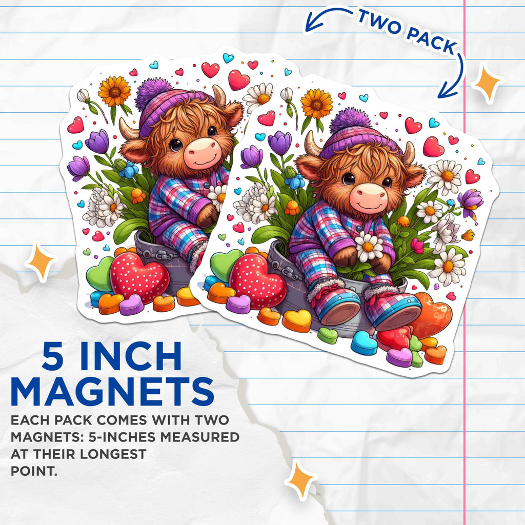 (2 Pack) Highland Cow Magnets - Cute Animal Decor - Floral Heart Magnets - 5" On Longest Side - Premium Magnet - for Cars, Refrigerators, Toolboxes, Lockers - Made in USA - MAG15605