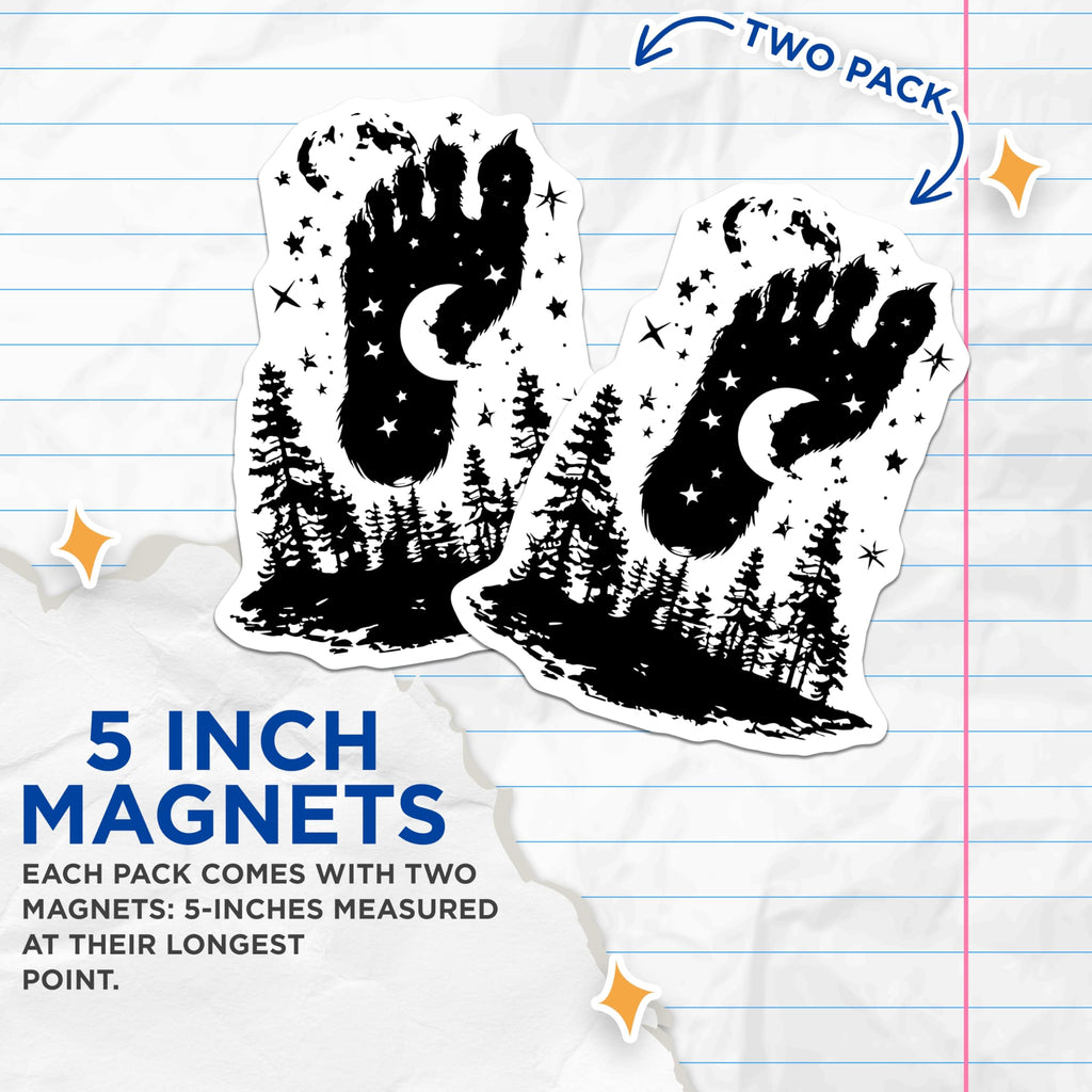 (2 Pack) Legendary Bigfoot Footprint Magnets - Sasquatch Forest Night Sky - Mystical Creature Track Decor - 5 Inches On Longest Side - Thick Durable Magnet - Made in USA - MAG20863