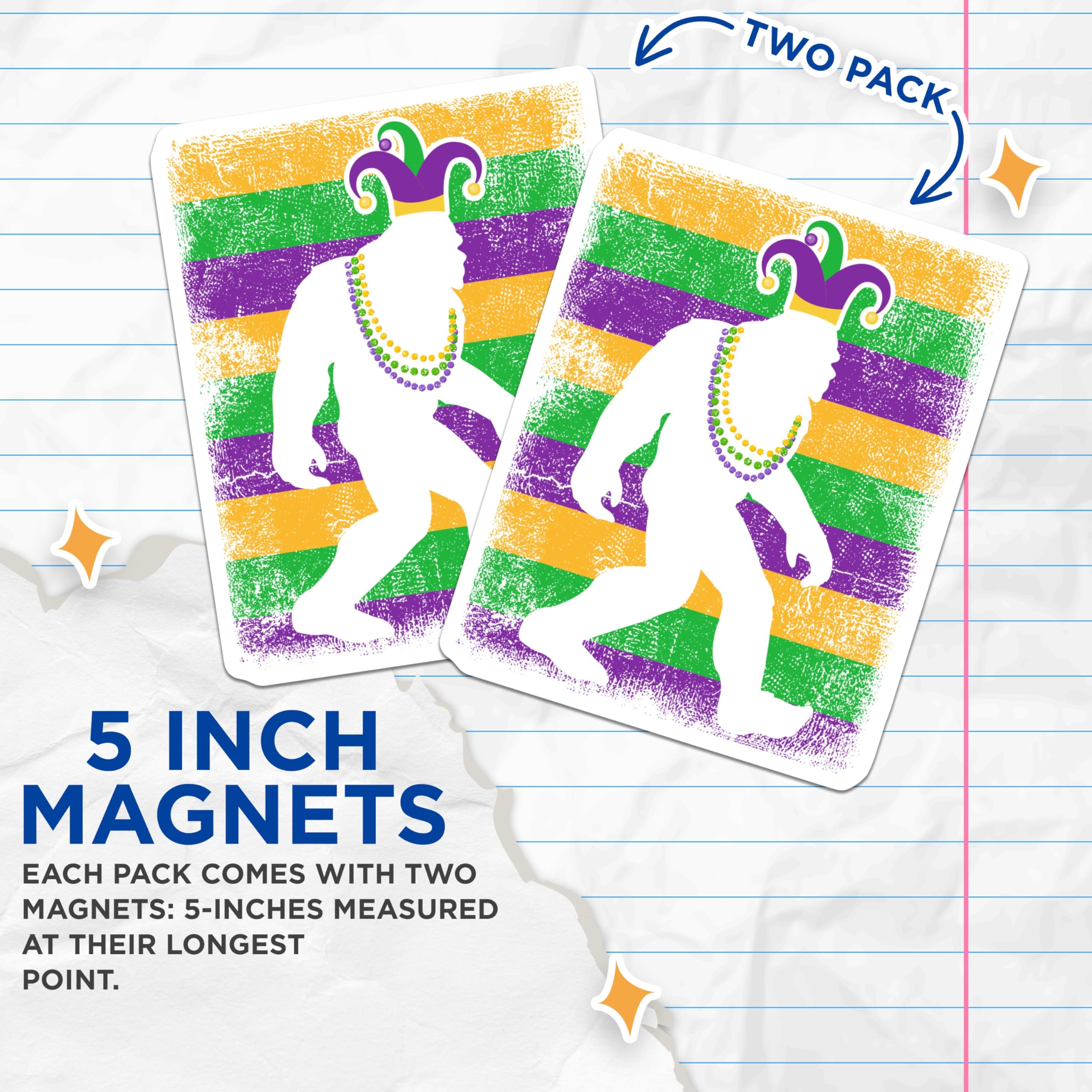 (2 Pack) Mardi Gras Bigfoot Magnets - Sasquatch Jester Hat Decoration - New Orleans Carnival Parade Fridge Magnets - 5 Inches On Longest Side - Thick Durable Magnet - Made in USA - MAG22873