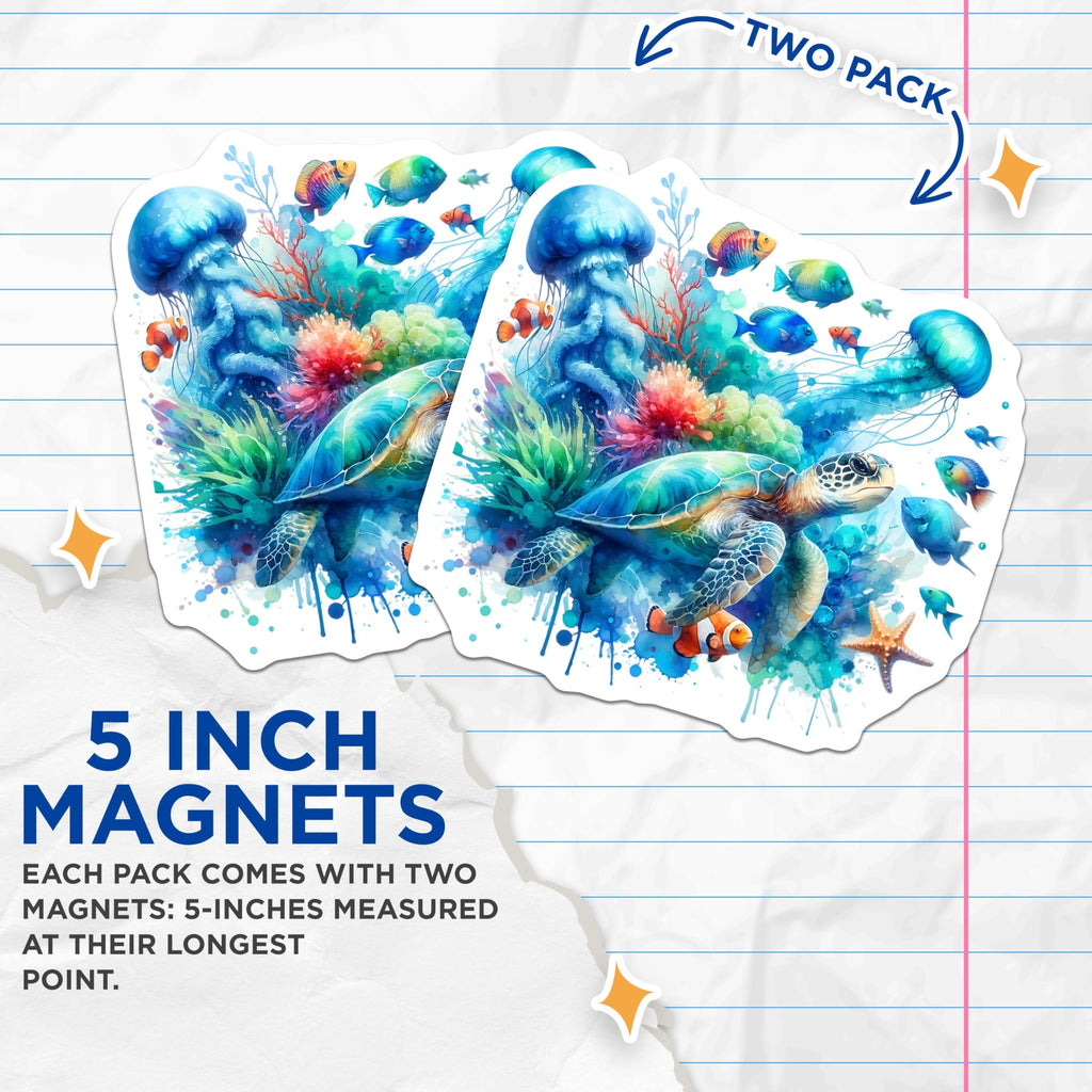 (2 Pack) Sea Turtle Magnets - Ocean Life Decor - Aquatic Animal Fridge Art - 5" On Longest Side - Premium Magnet - for Cars, Refrigerators, Toolboxes, Lockers - Made in USA - MAG14812