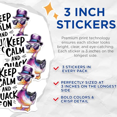 (3 Pack) Duck Decals - Laptop Decals - Keep Calm and Quack On - 3 Inches On Longest Side - Easy Peel & Apply - Made in USA - 3MCS7259