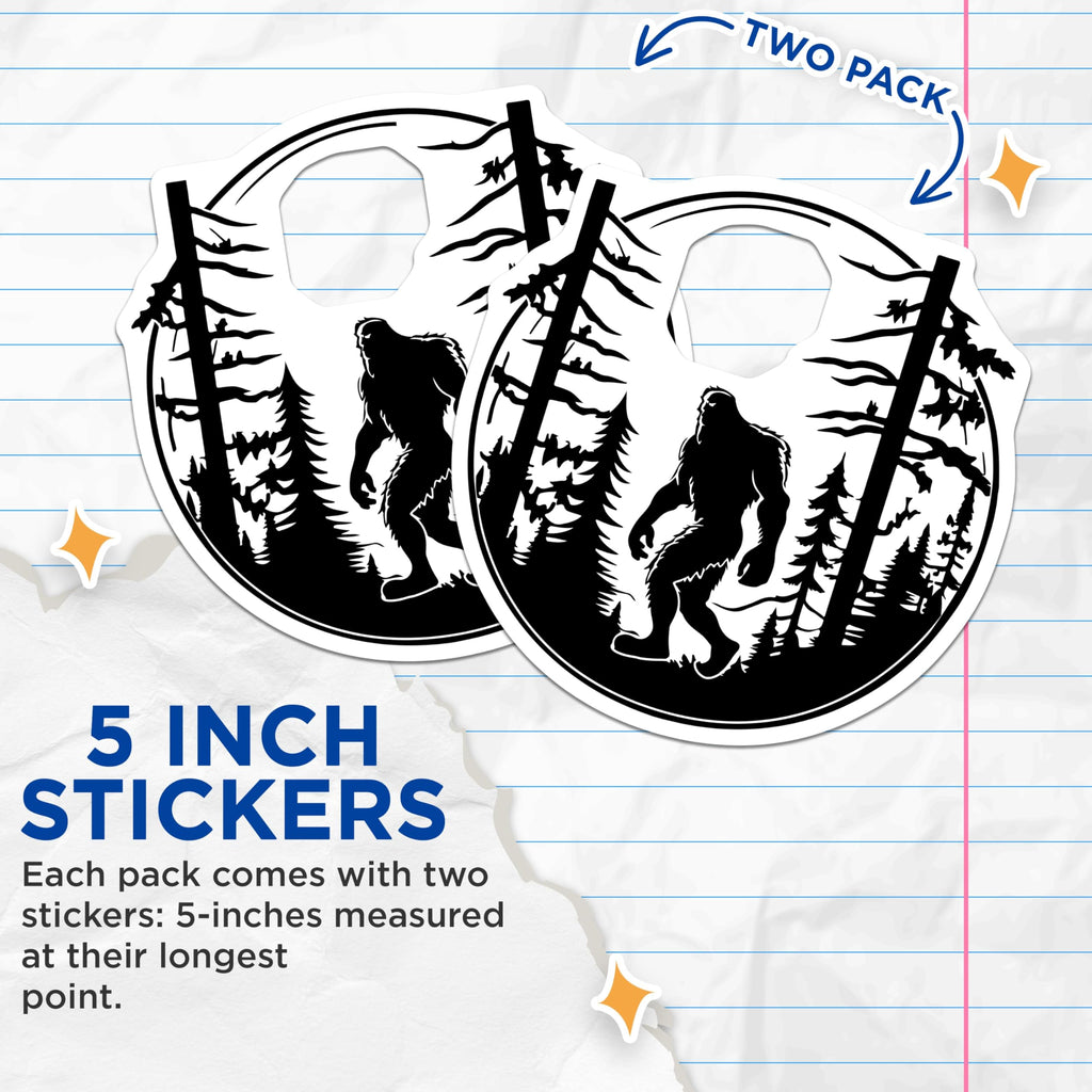 (2 Pack) Bigfoot Sasquatch Stickers - Forest Woodland Decals - Cryptid Outdoors Adventure - 5" On Longest Side - Sticks to Smooth Flat Surfaces - Made in USA - BMCS21712