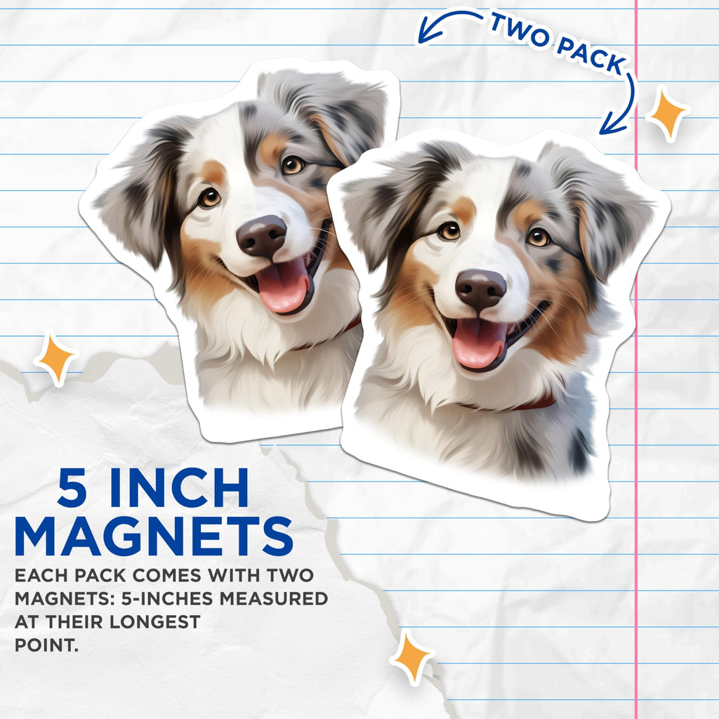 (2 Pack) Australian Shepherd Magnets - Aussie Dog Mom Present - Happy Dog Pet Lover Decor - 5 Inches On Longest Side - Thick Durable Magnet - Made in USA - MAG29920