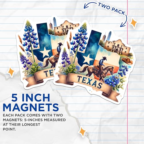 (2 Pack) Texas Patriotic Magnets - Cowboy Riding Horse - Bluebonnet Flower Design - 5" On Longest Side - for Cars, Fridges, Toolboxes - Made in USA - MAG6991
