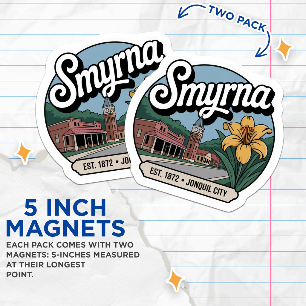 (2 Pack) Smyrna Georgia Magnets - Jonquil City Art - Hometown Souvenir Decoration - 5" On Longest Side - Premium Magnet - for Cars, Refrigerators, Toolboxes, Lockers - Made in USA - MAG17459