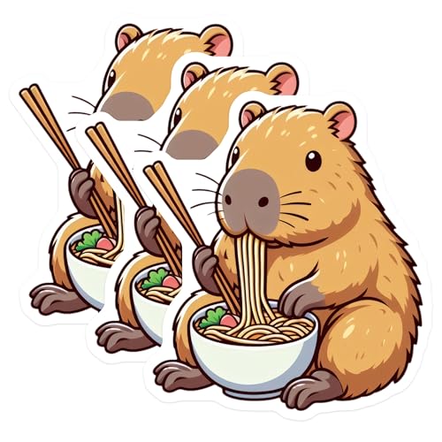 (3 Pack) Capybara Decals - Eating Ramen - Cute Animal Sticker - 3 Inches On Longest Side - Easy Peel & Apply - Made in USA - 3MCS8686