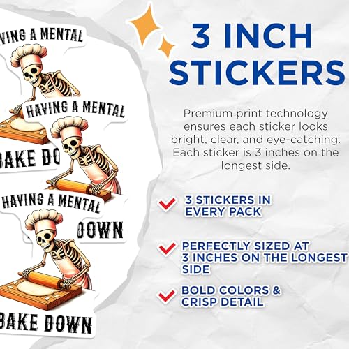 (3 Pack) Funny Baker Decals - Skeleton Chef Decal - Mental Bake Down Stickers - 3 Inches On Longest Side - Easy Peel & Apply - Made in USA - 3MCS8535