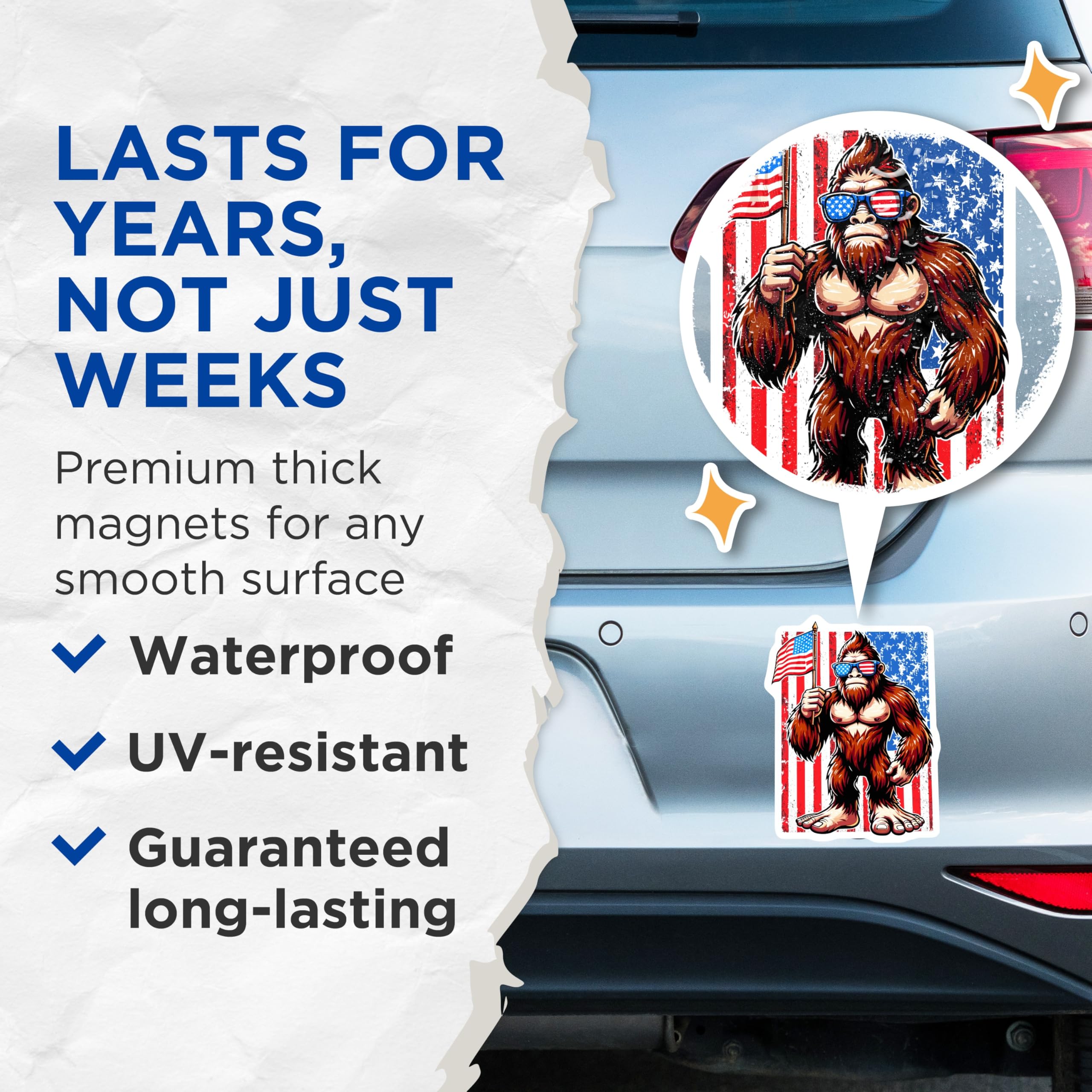(2 Pack) Patriotic Bigfoot Magnets - Sasquatch Americana Decor - Funny US Flag Cryptid Magnets - 5 Inches On Longest Side - Thick Durable Magnet - Made in USA - MAG21307