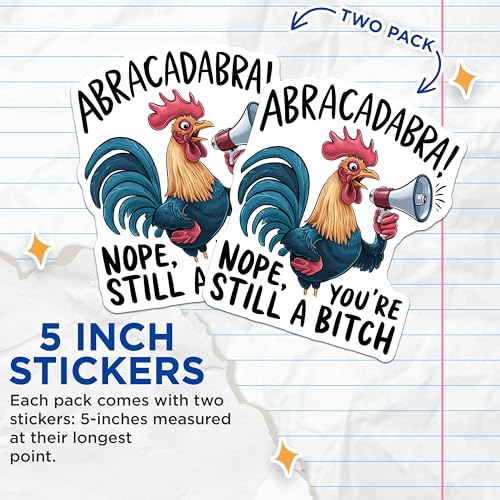 (2 Pack) Funny Rooster Stickers - Abracadabra Joke Stickers - Humorous Megaphone Stickers - 5" On Longest Side - Sticks to Smooth Flat Surfaces - Made in USA - BMCS4551