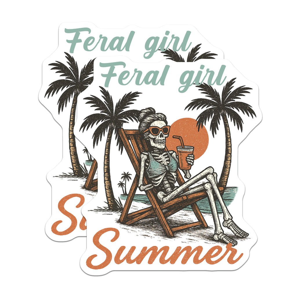 (2 Pack) Feral Girl Summer Magnets - Skeleton Beach Vacation - Retro Chill Vibes - Dark Humor Decor - 5 Inches On Longest Side - Thick Durable Magnet - Made in USA - MAG38514