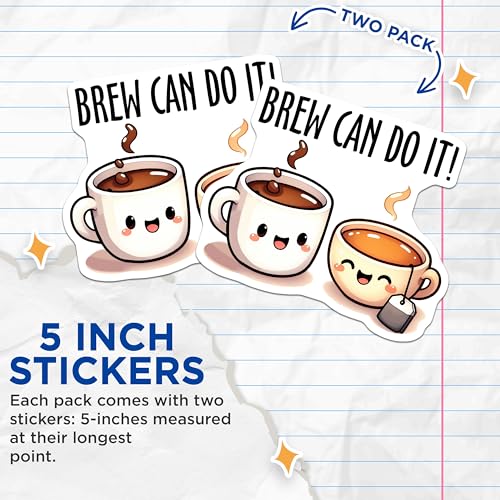 (2 Pack) Cute Coffee and Tea Stickers - Motivational Drink Stickers - Brew Can Do It - 5" On Longest Side - Sticks to Any Smooth Flat Surface - Made in USA - BMCS3280