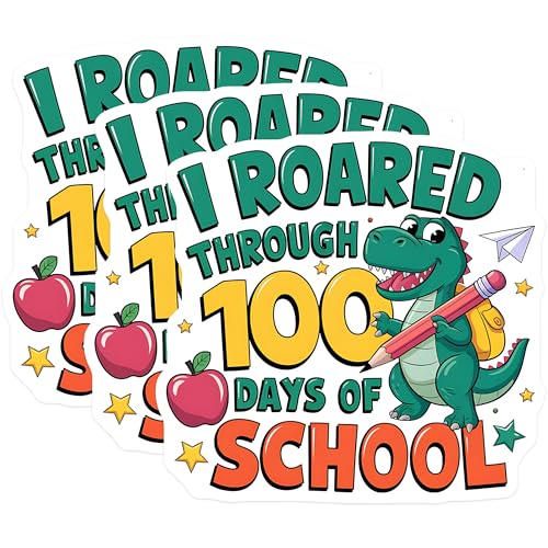 (3 Pack) 100 Days of School Decals - Dinosaur School - Student School Decals - 3 Inches On Longest Side - Easy Peel & Apply - Made in USA - 3MCS2280