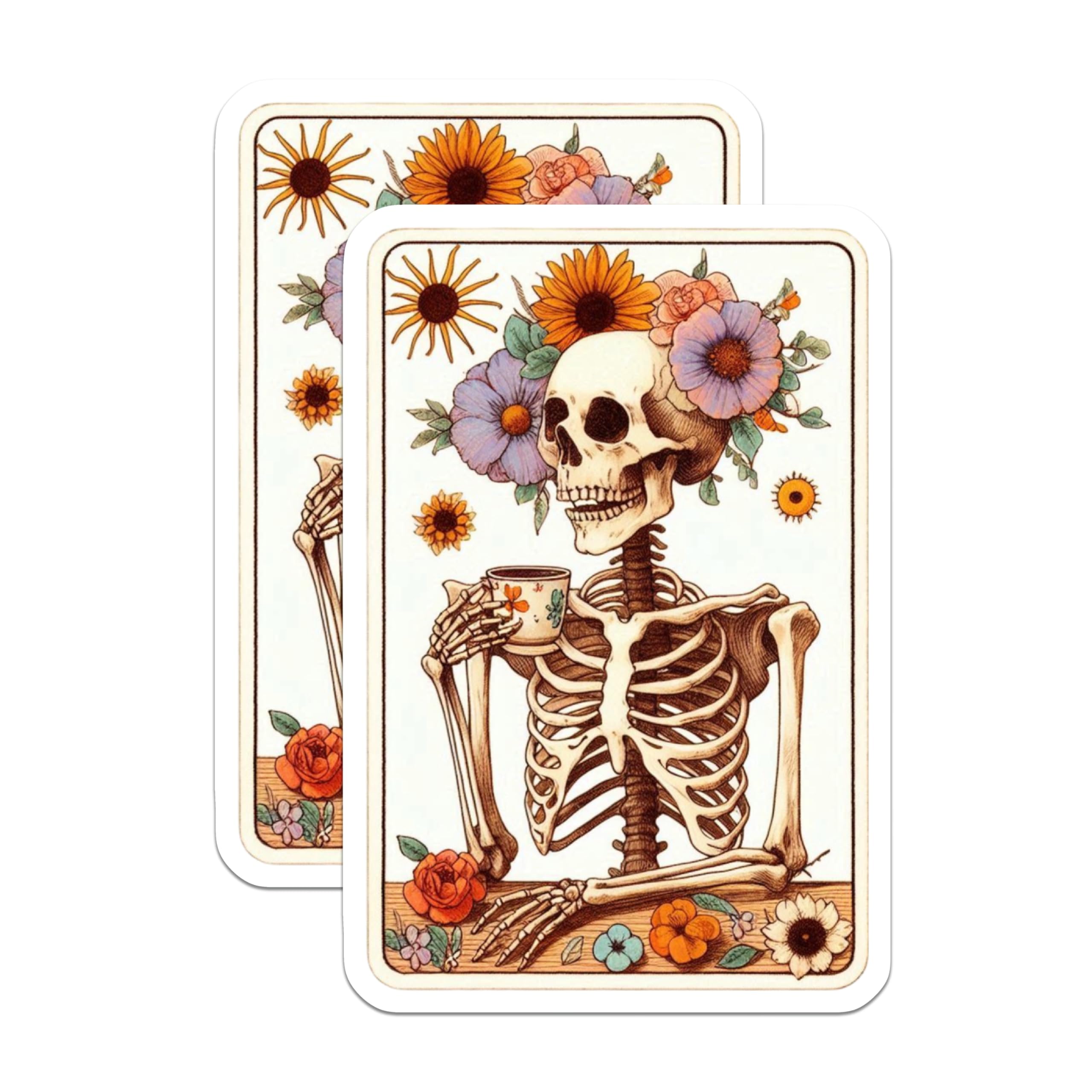 (2 Pack) Floral Skeleton Magnets - Coffee Skull Art - Bohemian Bones Decor - 5 Inches On Longest Side - Thick Durable Magnet - Made in USA - MAG21074