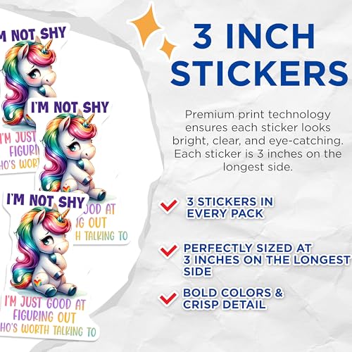 (3 Pack) Unicorn Decals - Not Shy Quote - Rainbow Mane Laptop Decal - 3 Inches On Longest Side - Easy Peel & Apply - Made in USA - 3MCS6733