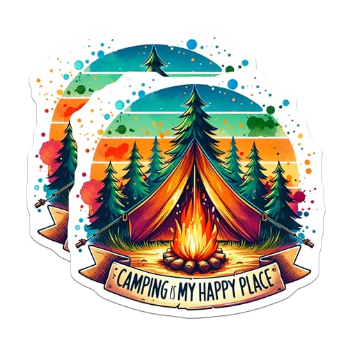 (2 Pack) Camping is My Happy Place Magnets - Campfire - Nature Art - Outdoor Adventure - Tent Magnets - 5" On Longest Side - for Cars, Fridges, Toolboxes - Made in USA - MAG6606