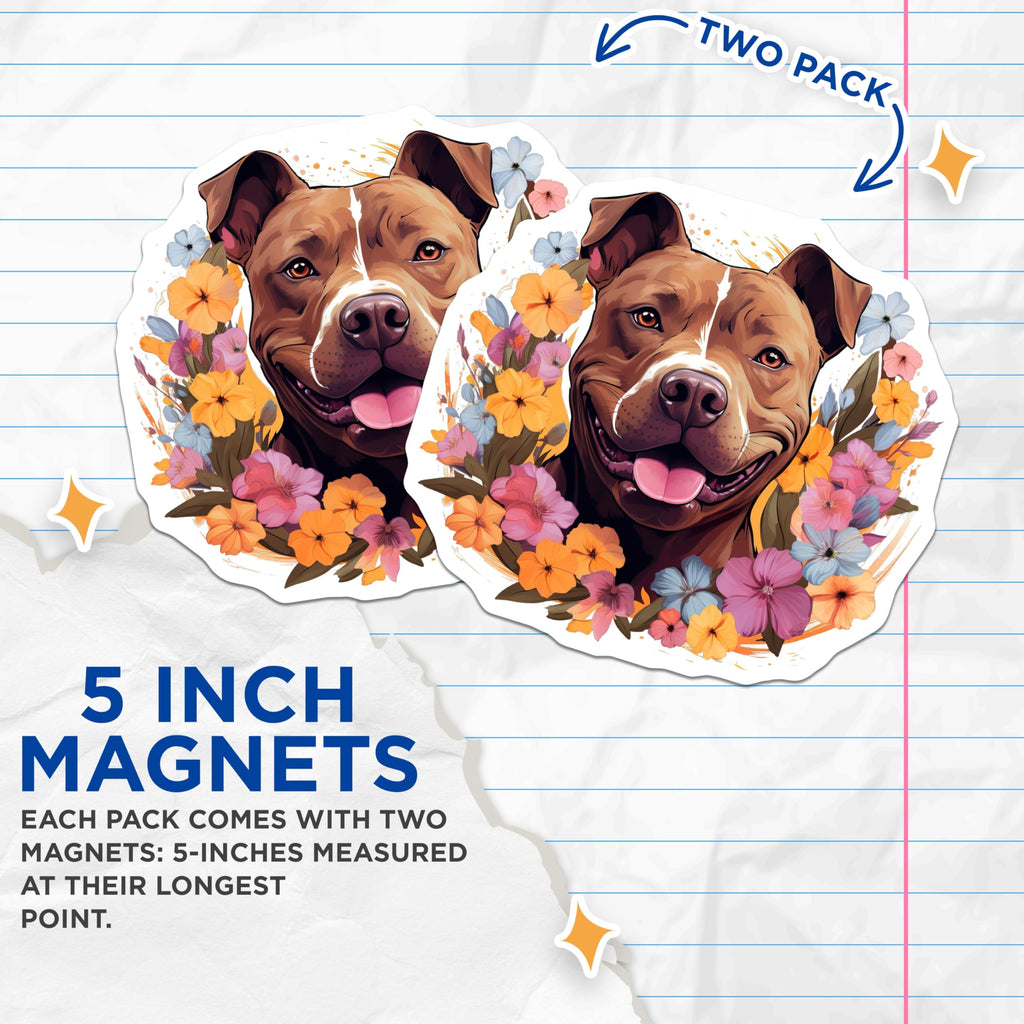 (2 Pack) Floral Pitbull Magnets - Happy Dog Lover Decor - Pet Parent Fridge Magnet Animal Art - 5 Inches On Longest Side - Thick Durable Magnet - Made in USA - MAG27464