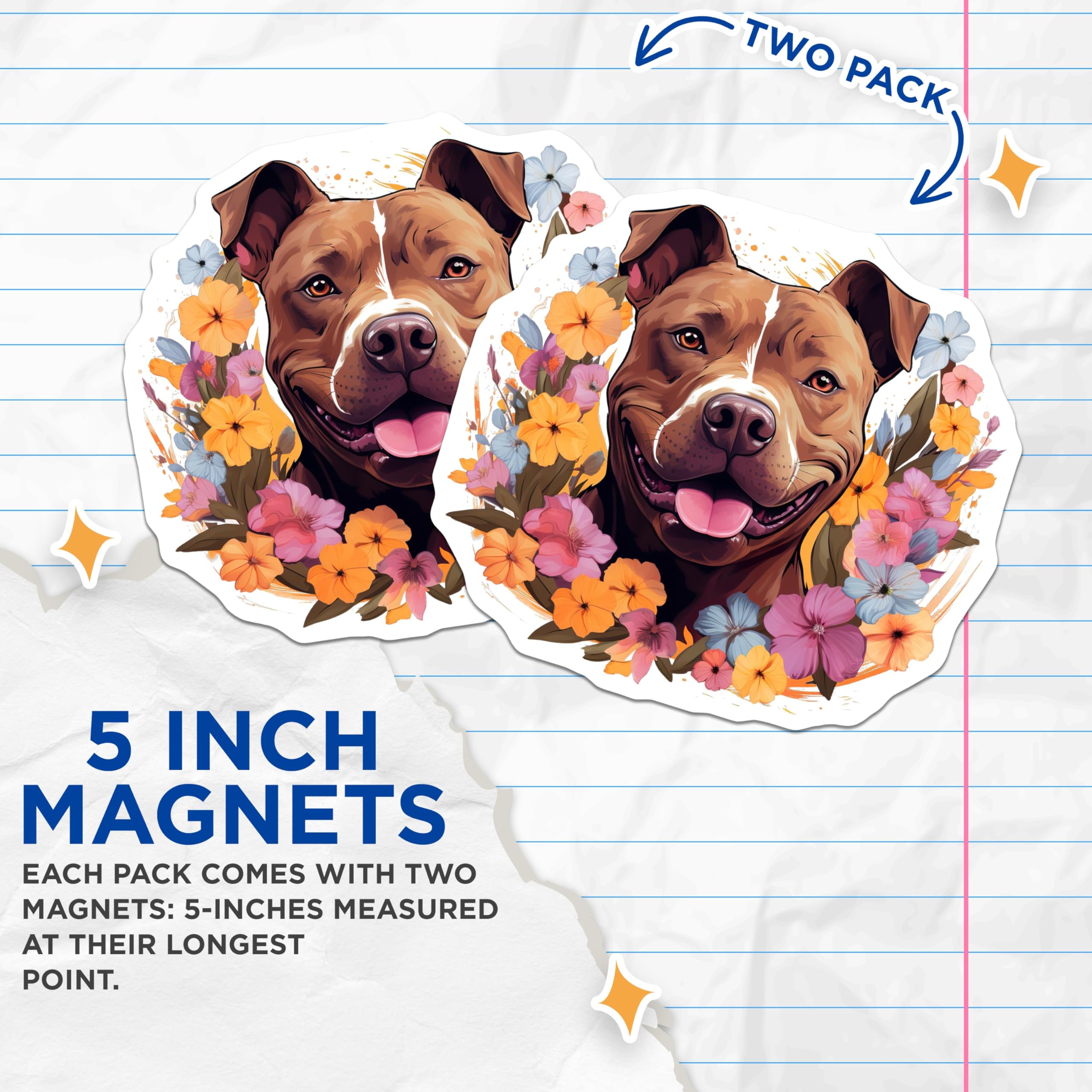 (2 Pack) Floral Pitbull Magnets - Happy Dog Lover Decor - Pet Parent Fridge Magnet Animal Art - 5 Inches On Longest Side - Thick Durable Magnet - Made in USA - MAG27464