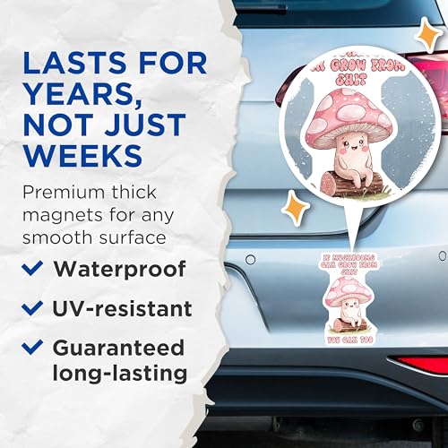 (2 Pack) Motivational Mushroom Magnets - Inspirational Quote Magnets - Cute Mushroom Decor Magnets - 5" On Longest Side - for Cars, Refrigerators, Toolboxes, Lockers - Made in USA BMCS3305