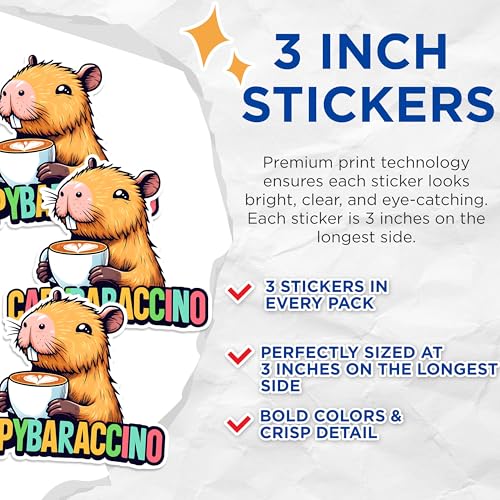 (3 Pack) Capybaraccino Decals - Cute Capybara - Coffee Lover Decal - 3 Inches On Longest Side - Easy Peel & Apply - Made in USA - 3MCS1492