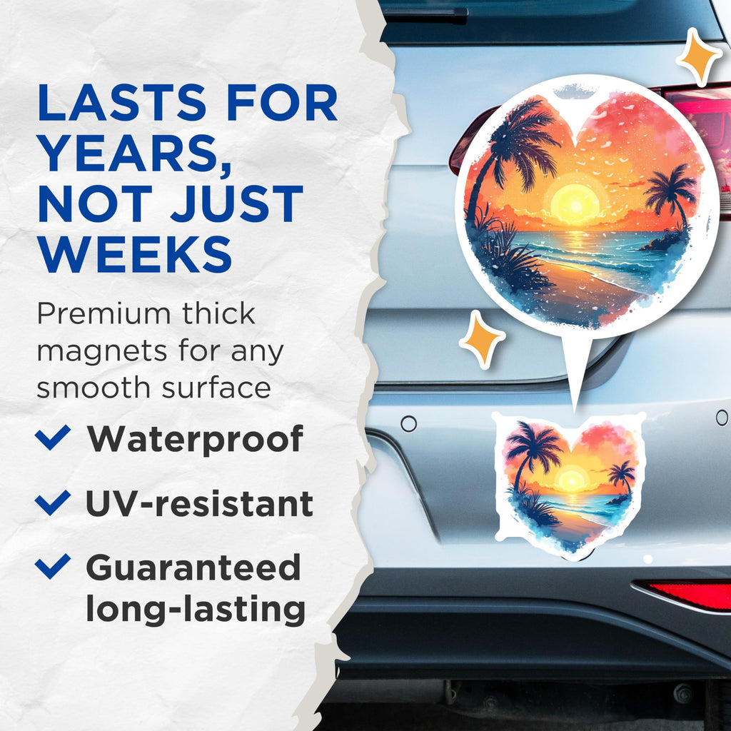(2 Pack) Tropical Sunset Magnets - Heart Shaped Beach Art - Palm Tree Ocean Scene Decoration - Summer Vacation Fridge Magnets - 5 Inches On Longest Side - Thick Durable Magnet - Made in USA - MAG23682