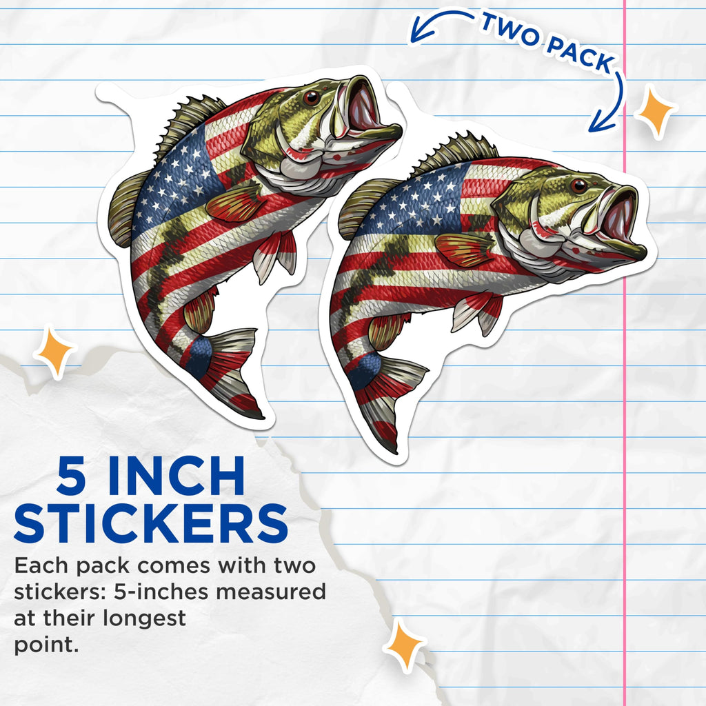 (2 Pack) American Flag Bass Fish Stickers - Patriotic Fishing Decal - USA Angler Decoration - 5" On Longest Side - Sticks to Smooth Flat Surfaces - Made in USA - BMCS9965