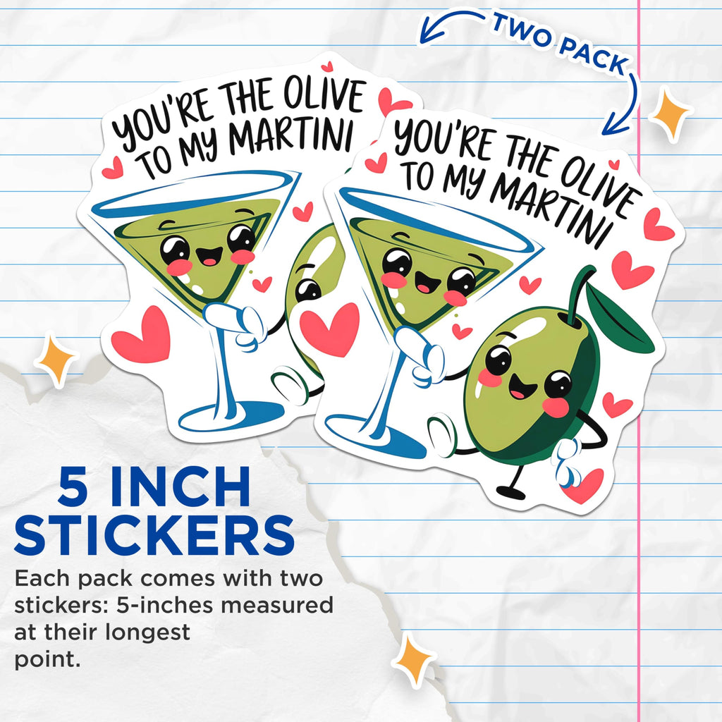 (2 Pack) Cute Martini Olive Stickers - Romantic Love Stickers - Fun Cocktail Stickers - 5" On Longest Side - Sticks to Smooth Flat Surfaces - Made in USA - BMCS5239