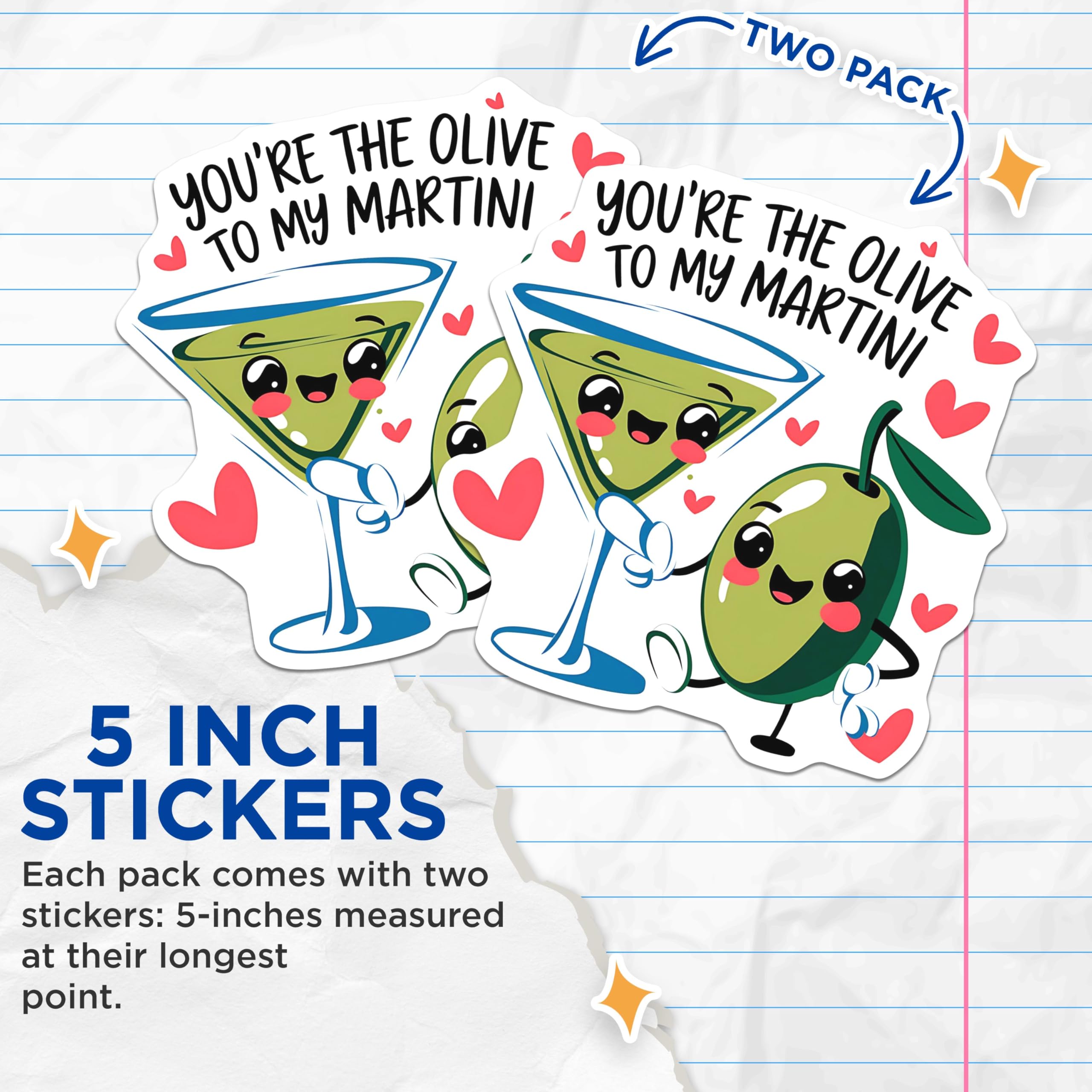 (2 Pack) Cute Martini Olive Stickers - Romantic Love Stickers - Fun Cocktail Stickers - 5" On Longest Side - Sticks to Smooth Flat Surfaces - Made in USA - BMCS5239