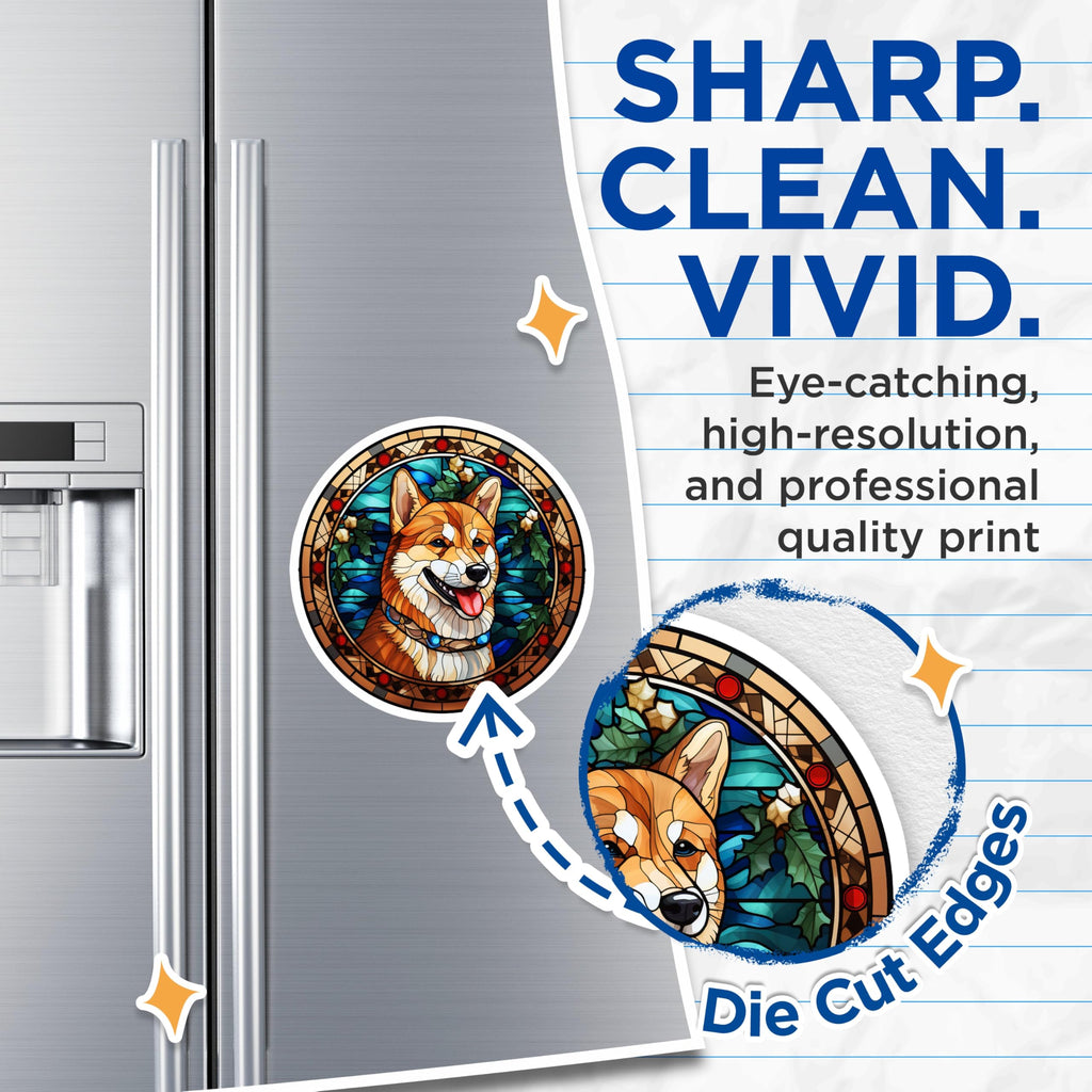 (2 Pack) Shiba Inu Magnets - Stained Glass Dog Art - Christmas Pet Decor - Holiday Fridge Accents - 5 Inches On Longest Side - Thick Durable Magnet - Made in USA - MAG27281