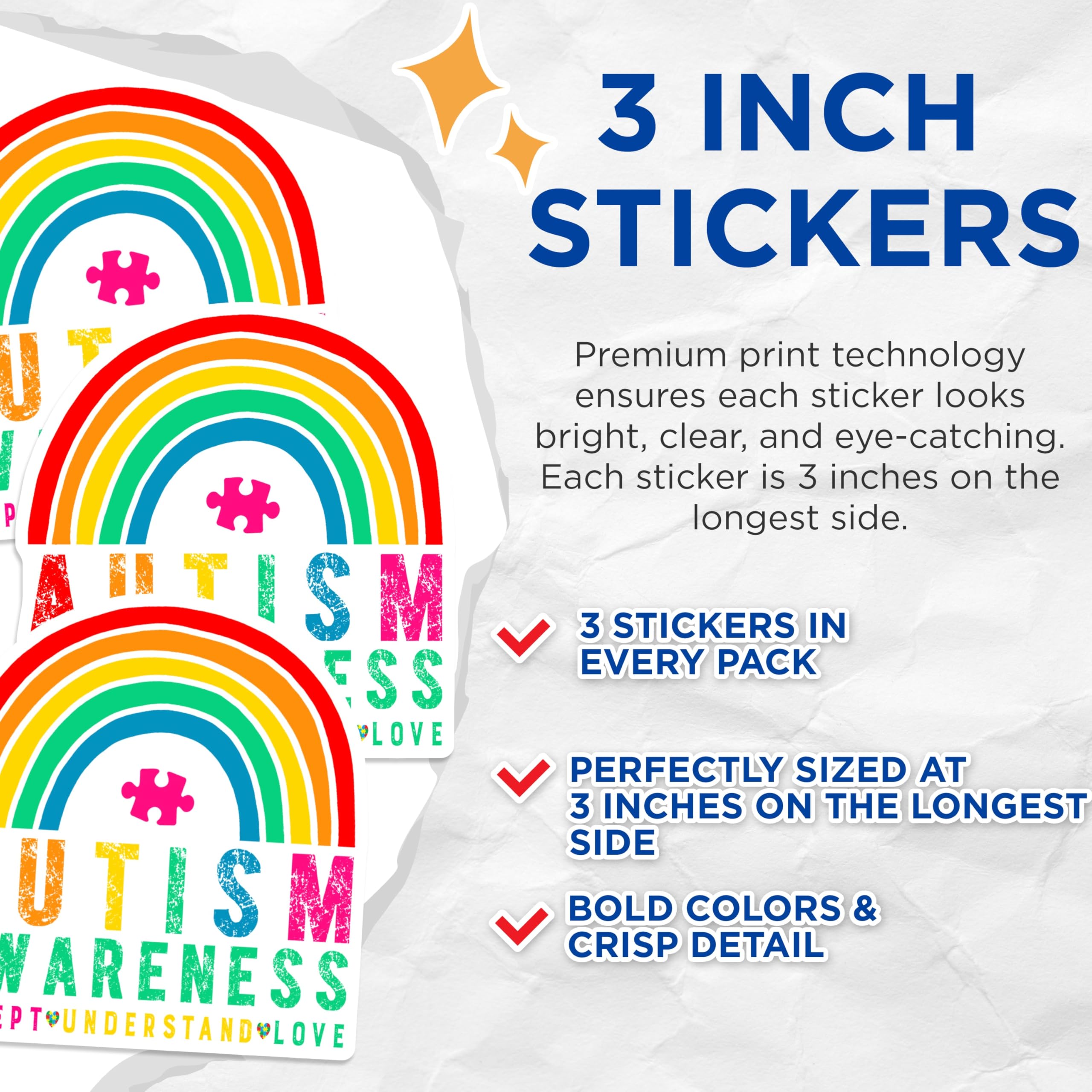 (3 Pack) Autism Awareness Decals - Rainbow Puzzle Piece - Laptop Decal - 3 Inches On Longest Side - Easy Peel & Apply - Made in USA - 3MCS2591