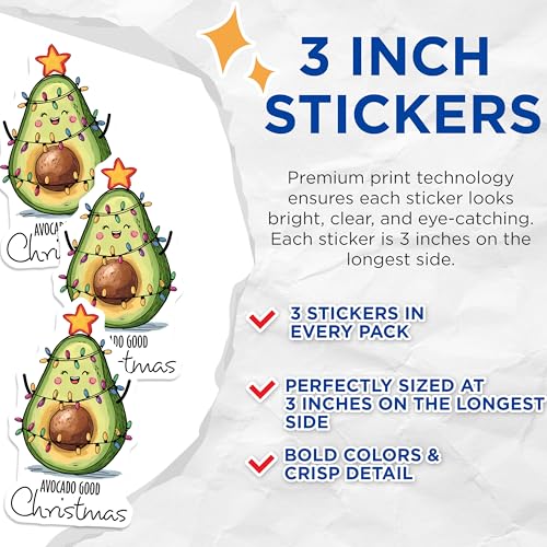 (3 Pack) Avocado Christmas Decals - Cute Holiday Stickers - Funny Food Decal - 3 Inches On Longest Side - Easy Peel & Apply - Made in USA - 3MCS7156