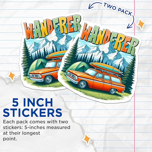 (2 Pack) Wanderer Adventure Stickers - Mountain Car Camping Stickers - Outdoor Explorer Stickers - 5" On Longest Side - Sticks to Any Smooth Flat Surface - Made in USA - BMCS3271