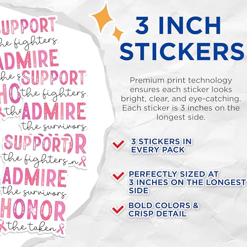 (3 Pack) Breast Cancer Awareness Decals - Support Hope Fight - Ribbon Stickers - 3 Inches On Longest Side - Easy Peel & Apply - Made in USA - 3MCS1317