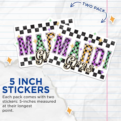 (2 Pack) Mardi Gras Stickers - Checkered Mardi Gras Festive - New Orleans Celebration Decals - 5" On Longest Side - Sticks to Smooth Flat Surfaces - Made in USA - BMCS6383