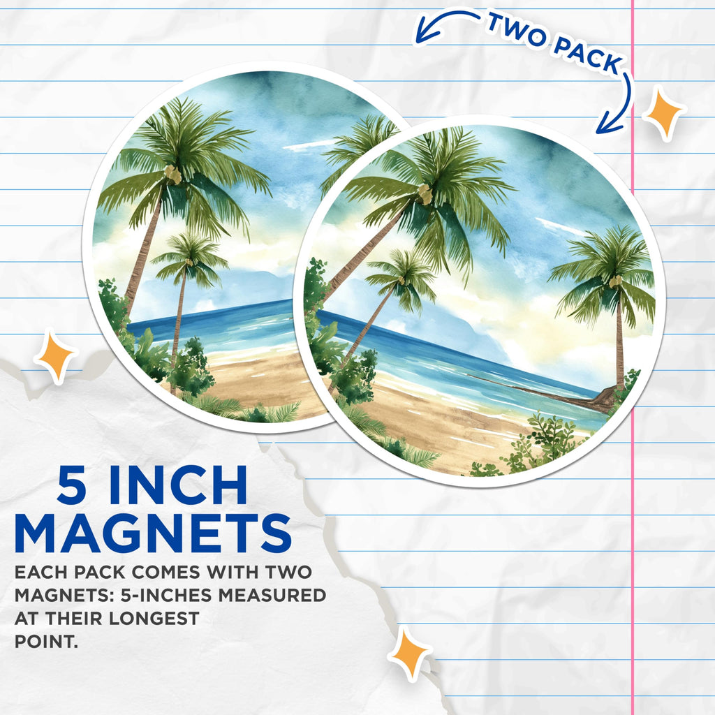 (2 Pack) Tropical Beach Scene Art Magnets - Watercolor Palm Tree Ocean Sand Decor - Relaxing Coastal Home Kitchen Accents - 5 Inches On Longest Side - Thick Durable Magnet - Made in USA - MAG19712