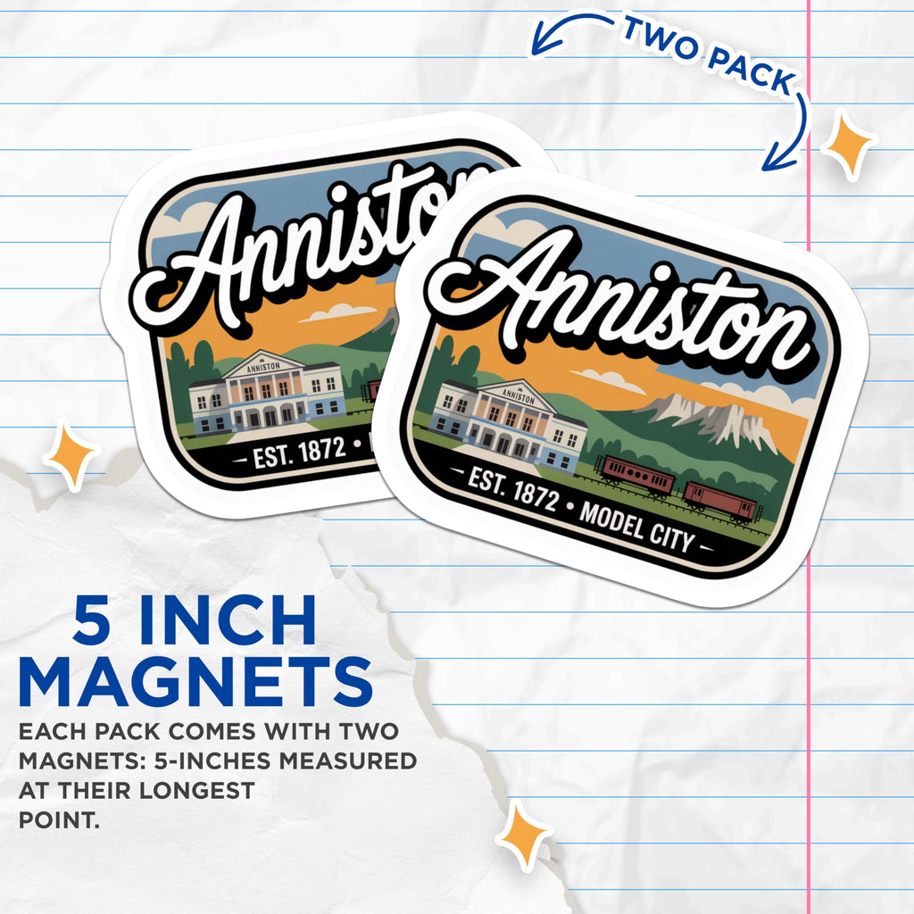 (2 Pack) Anniston Alabama Magnets - Model City - Train Decor Fridge Souvenir - 5" On Longest Side - Premium Magnet - for Cars, Refrigerators, Toolboxes, Lockers - Made in USA - MAG17607