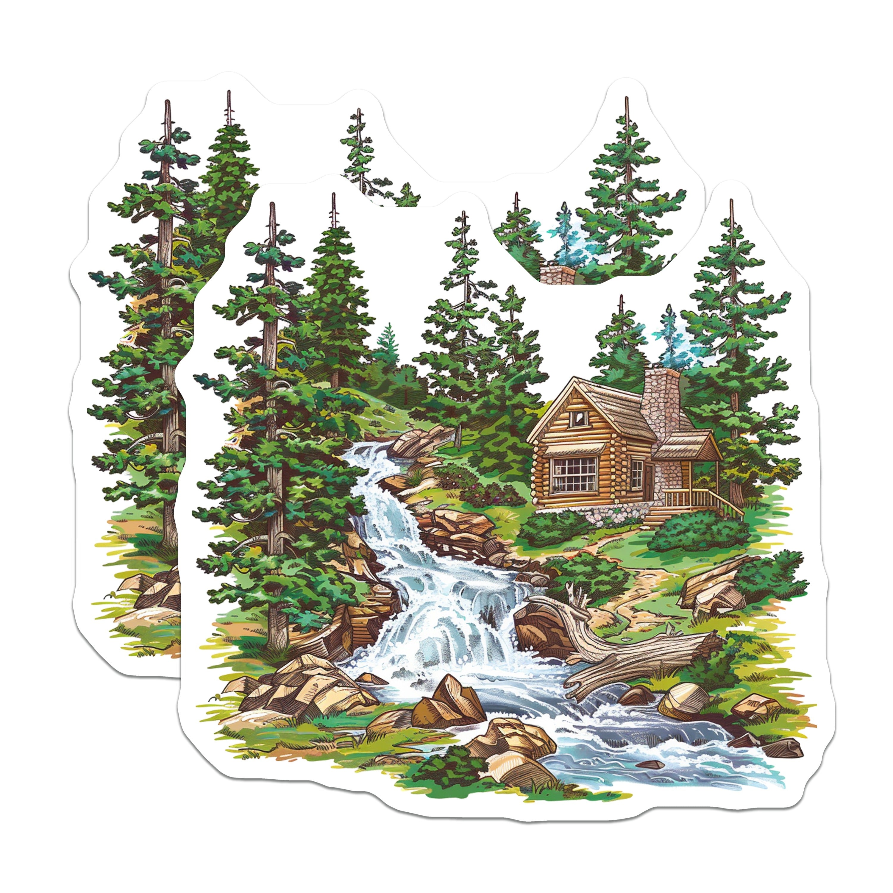 (2 Pack) Rustic Log Cabin Magnets - Forest Waterfall Scenery Decor - Cozy Mountain Home Refrigerator Accessory - 5 Inches On Longest Side - Thick Durable Magnet - Made in USA - MAG38771