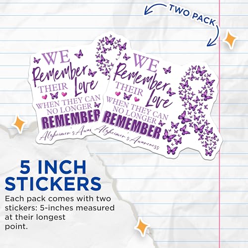 (2 Pack) Alzheimer's Awareness Stickers - We Remember Their Love - Purple Butterflies Decal - 5" On Longest Side - Sticks to Smooth Flat Surfaces - Made in USA - BMCS9789