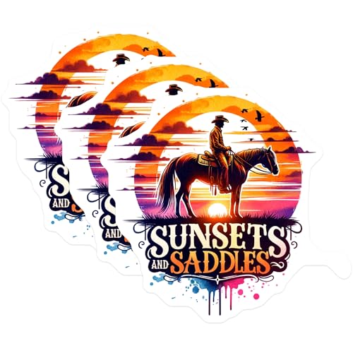(3 Pack) Cowboy Horse Decals - Sunset and Saddles - Western Stickers- 3 Inches On Longest Side - Easy Peel & Apply - Made in USA - 3MCS5842