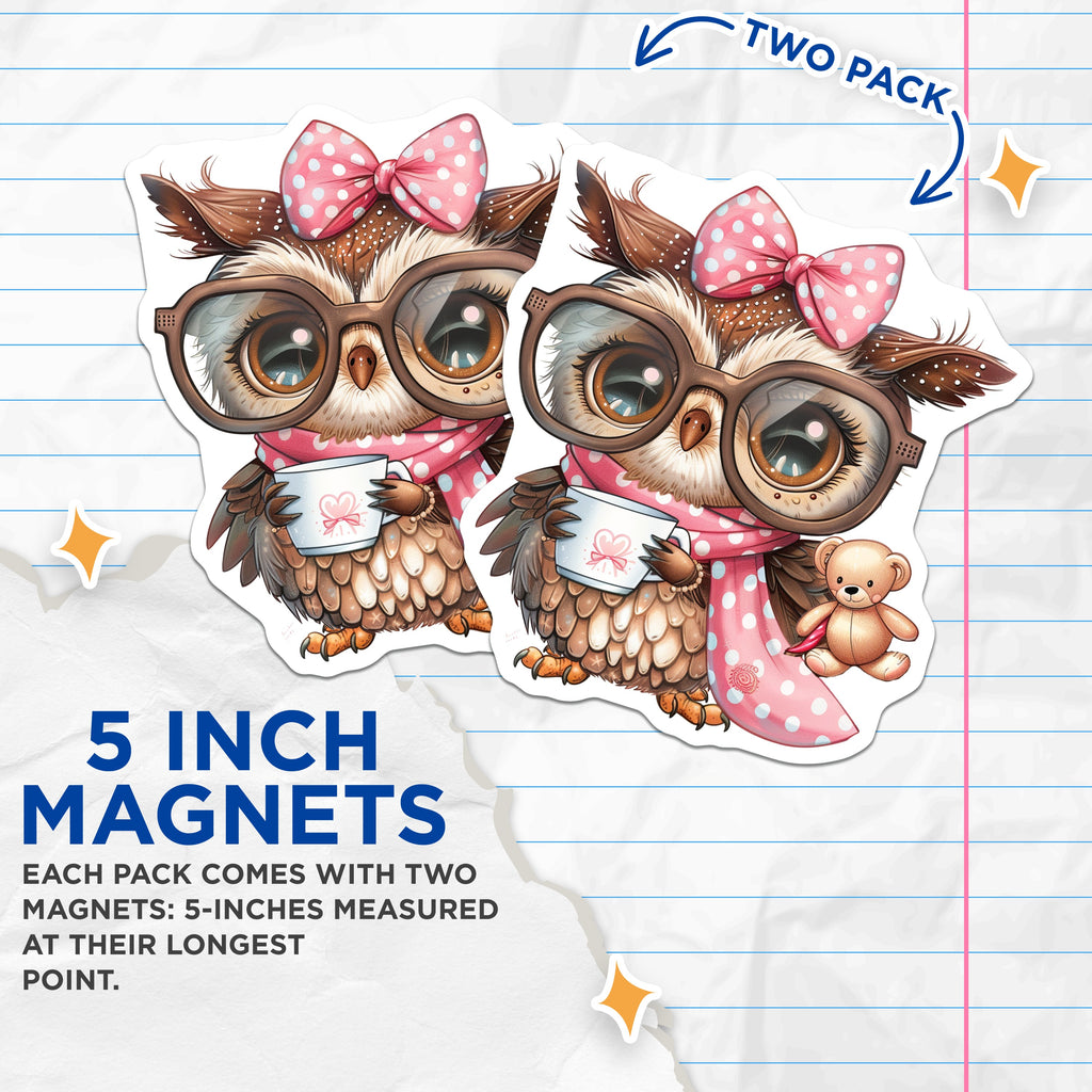 (2 Pack) Cute Owl with Glasses Magnets - Book Lover Teacher Decor - Cozy Aesthetic Fridge Locker Magnets - 5 Inches On Longest Side - Thick Durable Magnet - Made in USA - MAG39404