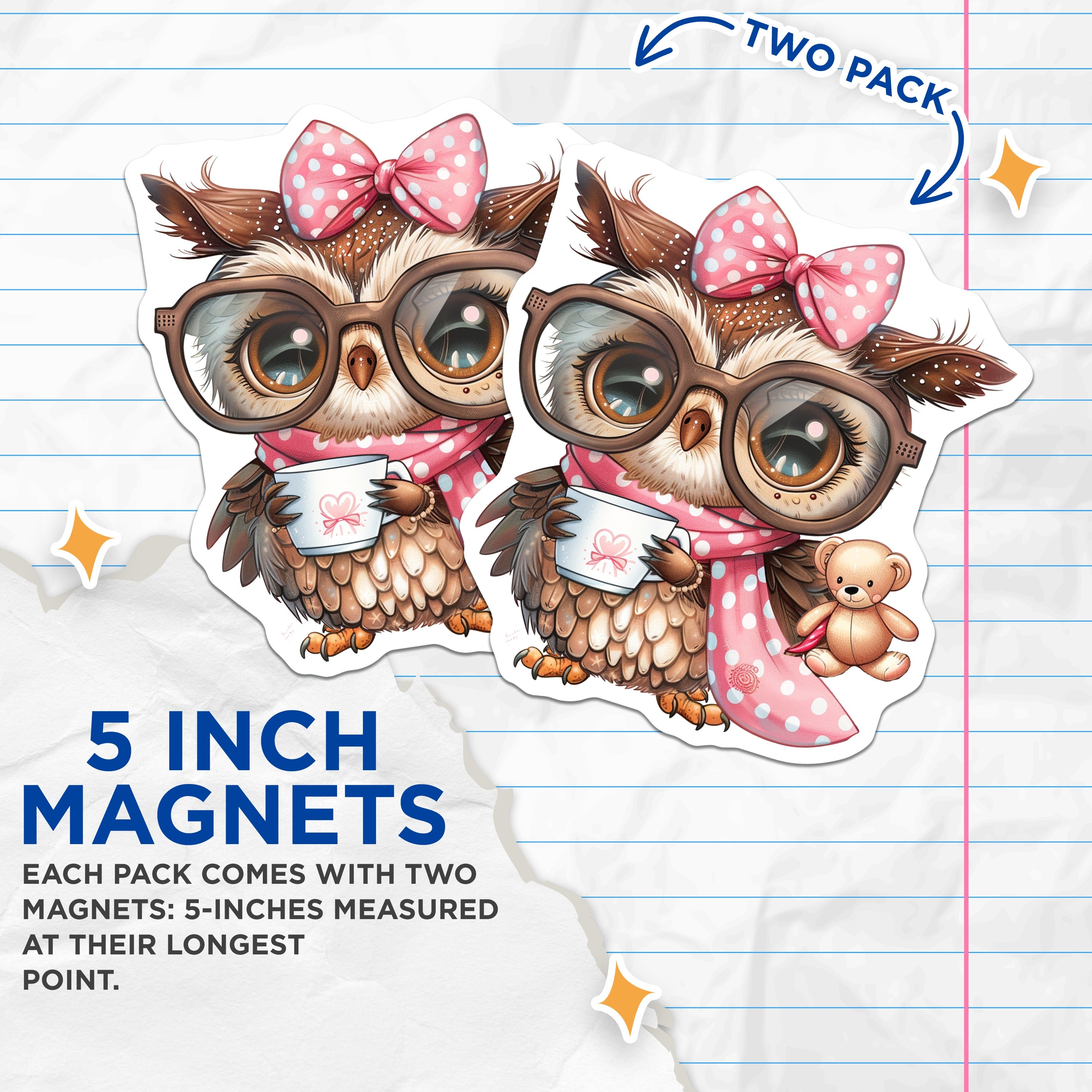 (2 Pack) Cute Owl with Glasses Magnets - Book Lover Teacher Decor - Cozy Aesthetic Fridge Locker Magnets - 5 Inches On Longest Side - Thick Durable Magnet - Made in USA - MAG39404