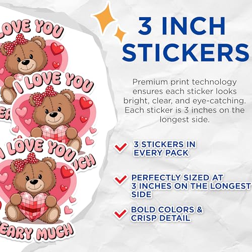 (3 Pack) Teddy Bear Love Decals - Valentine's Day Sticker - I Love You Beary Much Decal - 3 Inches On Longest Side - Easy Peel & Apply - Made in USA - 3MCS1763