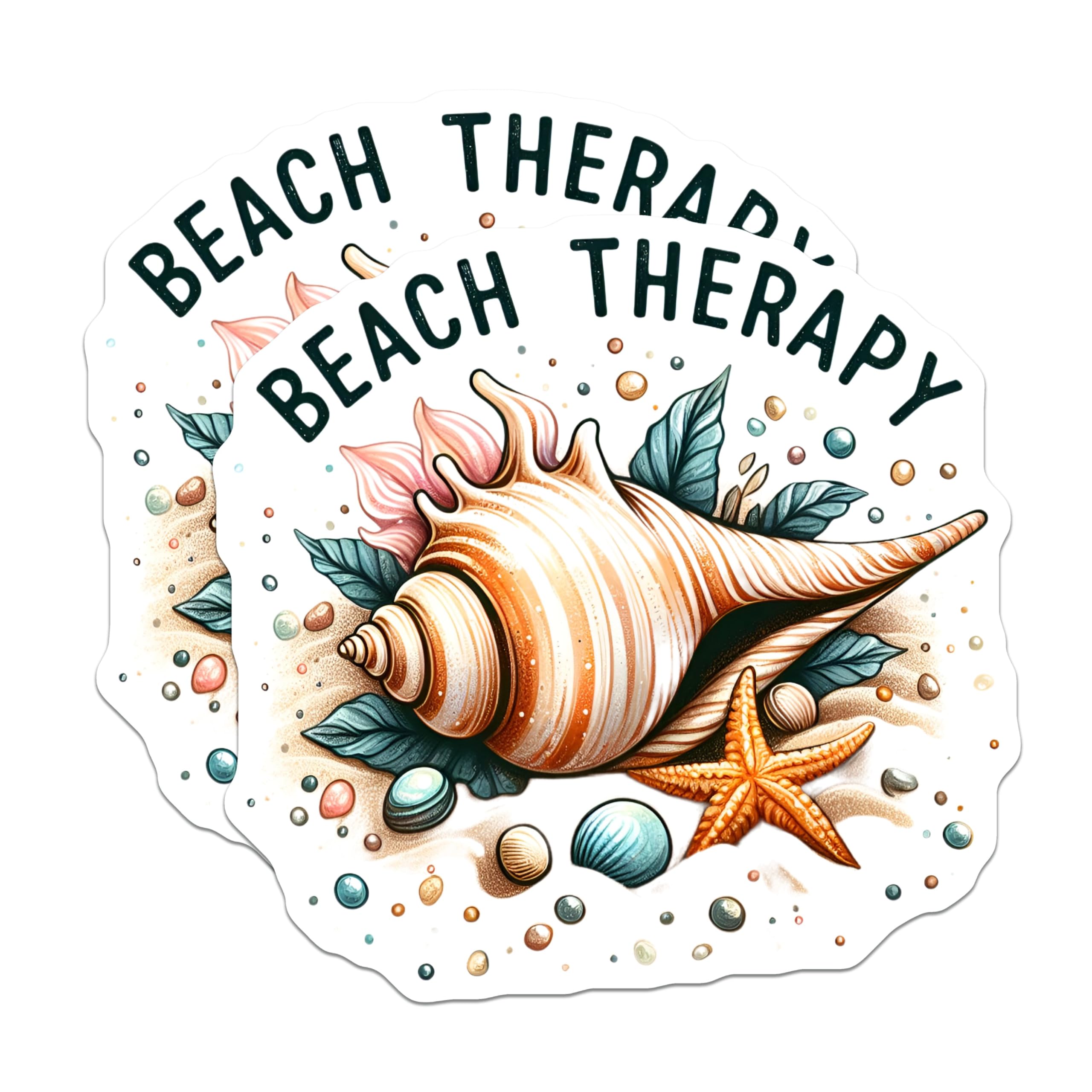 (2 Pack) Beach Therapy Stickers - Sea Shell and Starfish - Ocean Vibes - 5" On Longest Side - Sticks to Smooth Flat Surfaces - Made in USA - BMCS9299 - Coastal Decor