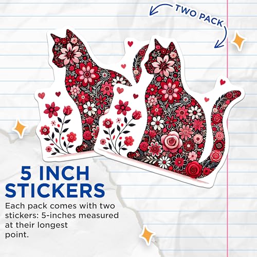 (2 Pack) Cat Flower Stickers - Floral Animal Art Decals - Cute Kitty Design Stickers - 5" On Longest Side - Sticks to Smooth Flat Surfaces - Made in USA - BMCS5735