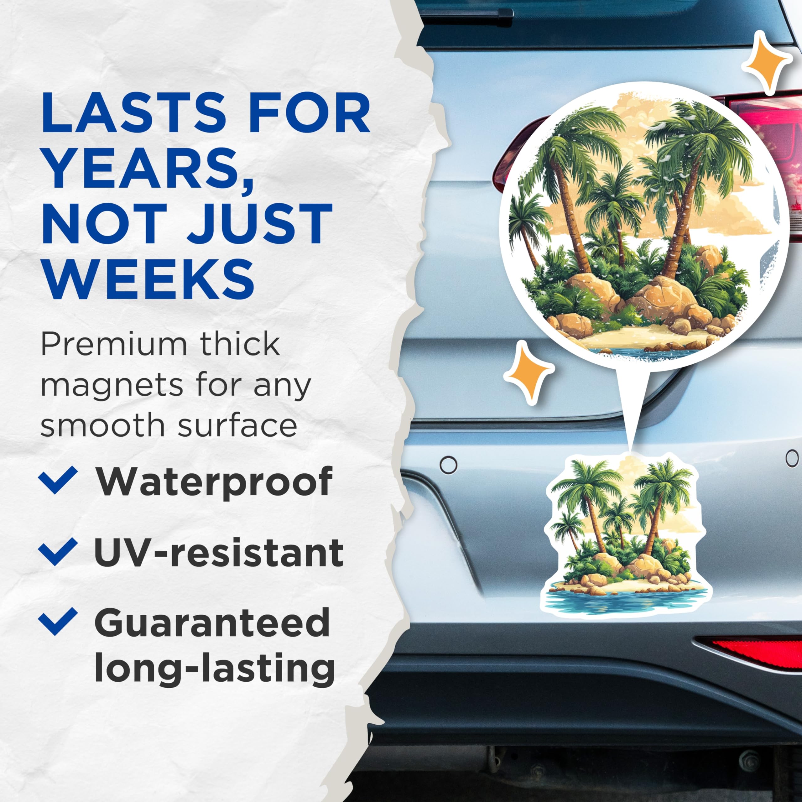 (2 Pack) Tropical Island Magnets - Palm Tree Beach Landscape - Vacation Paradise Refrigerator Decor - 5 Inches On Longest Side - Thick Durable Magnet - Made in USA - MAG29948