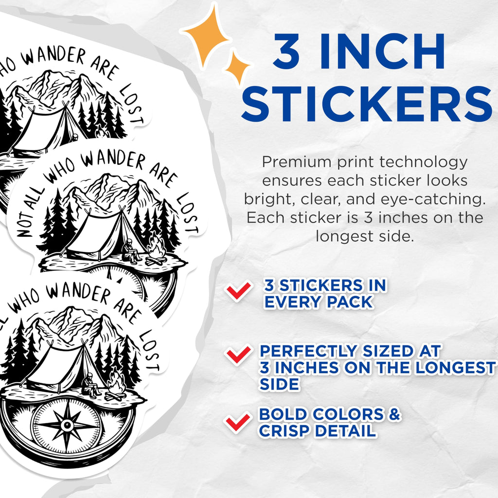 (3 Pack) Not All Who Wander Decals - Outdoor Adventure - Compass Decals - 3 Inches On Longest Side - Easy Peel & Apply - Made in USA - 3MCS1087